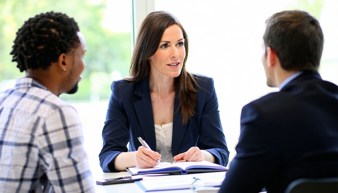 Advocate supporting family at a legal consultation